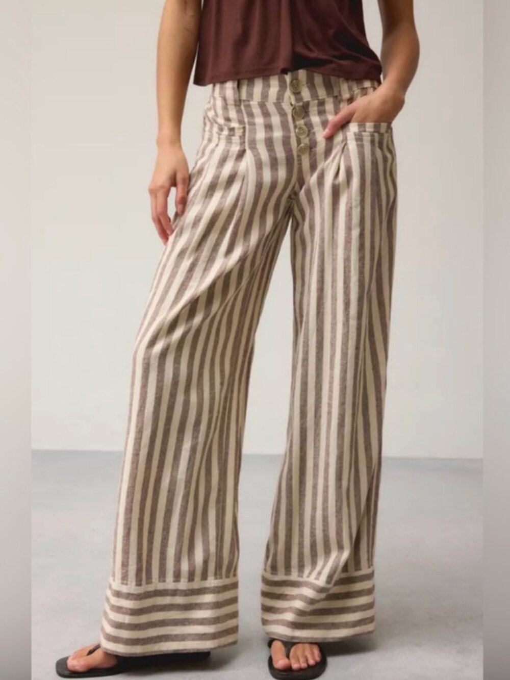 Urban Outfitters Daybreak Linen Blend Wide Leg Pant – Brown Stripe – Size XS
